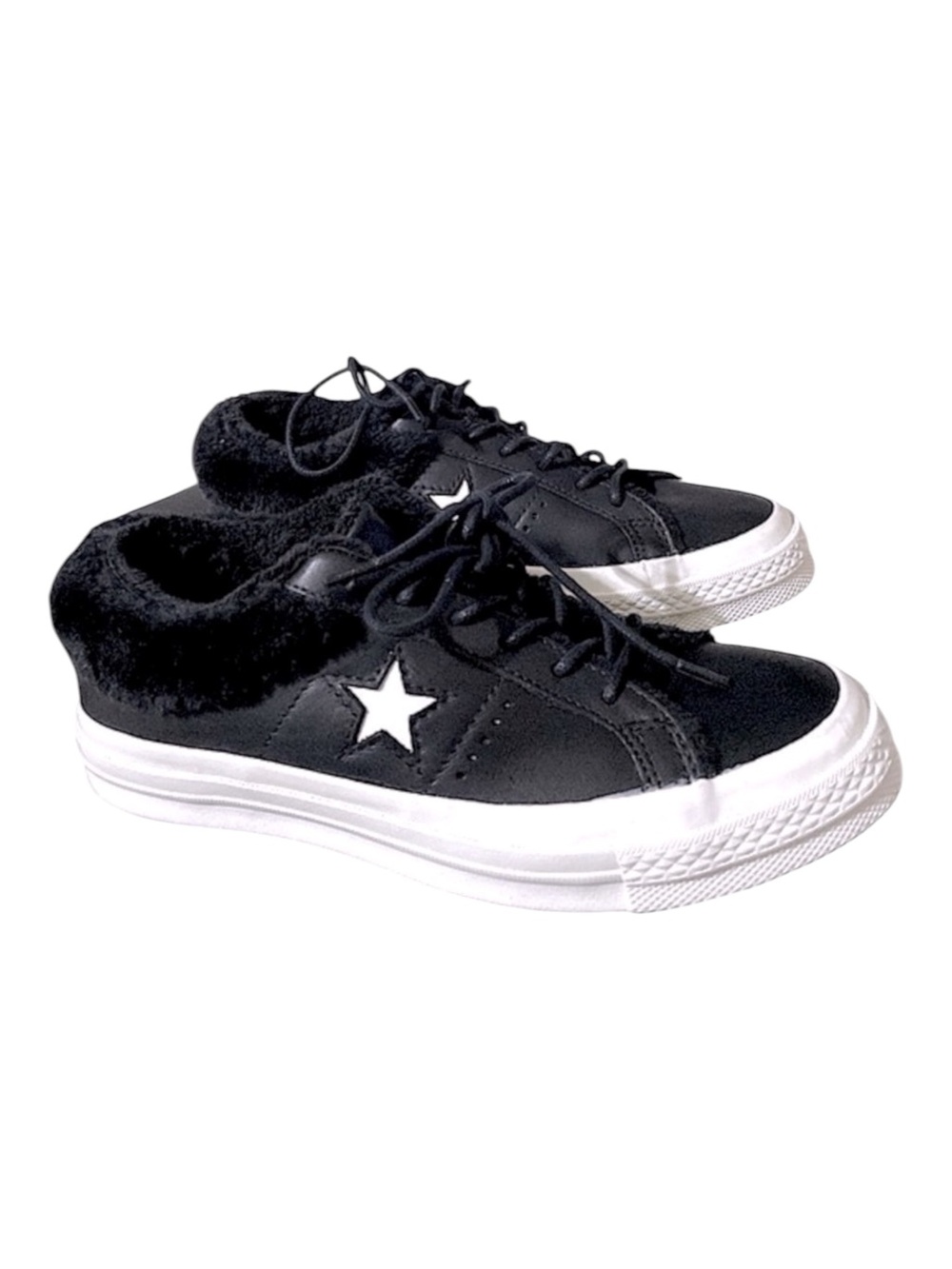 Leather Converse One Star Platform Shearling Collar Women’s 6 1/2 Black Go…